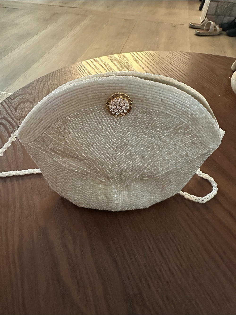 Vintage White Beaded Crossbody Bag with Crystal Accent